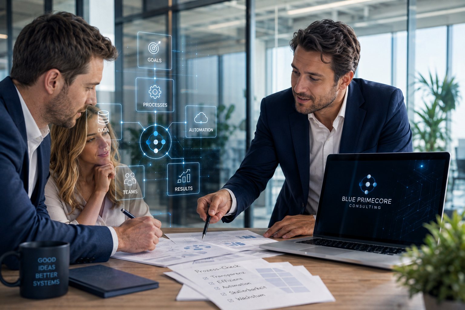Drei Personen arbeiten gemeinsam an einem Tisch an derselben Unterlage.